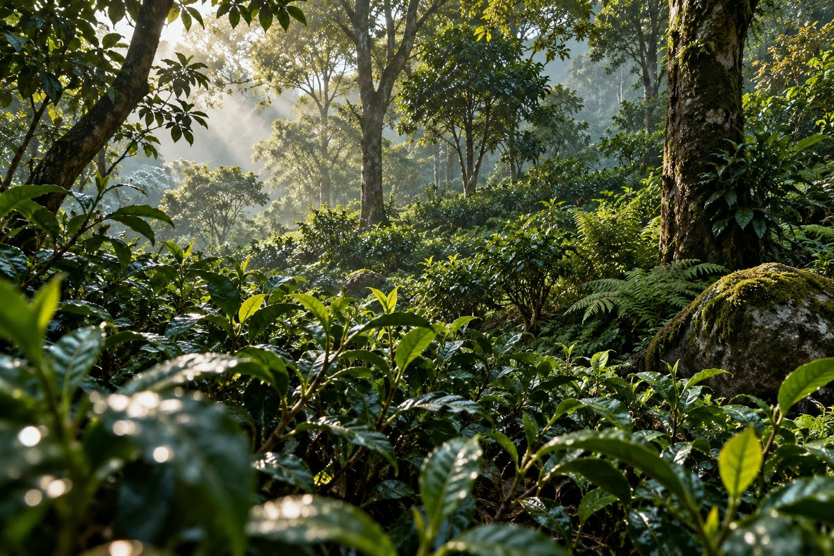 Conceptual tea forest understory with shrubs beneath broadleaf trees