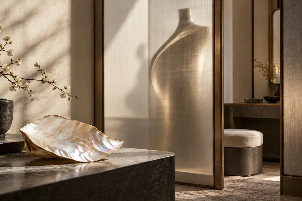 Contemporary dressing alcove with translucent screen and pale abstract ornament