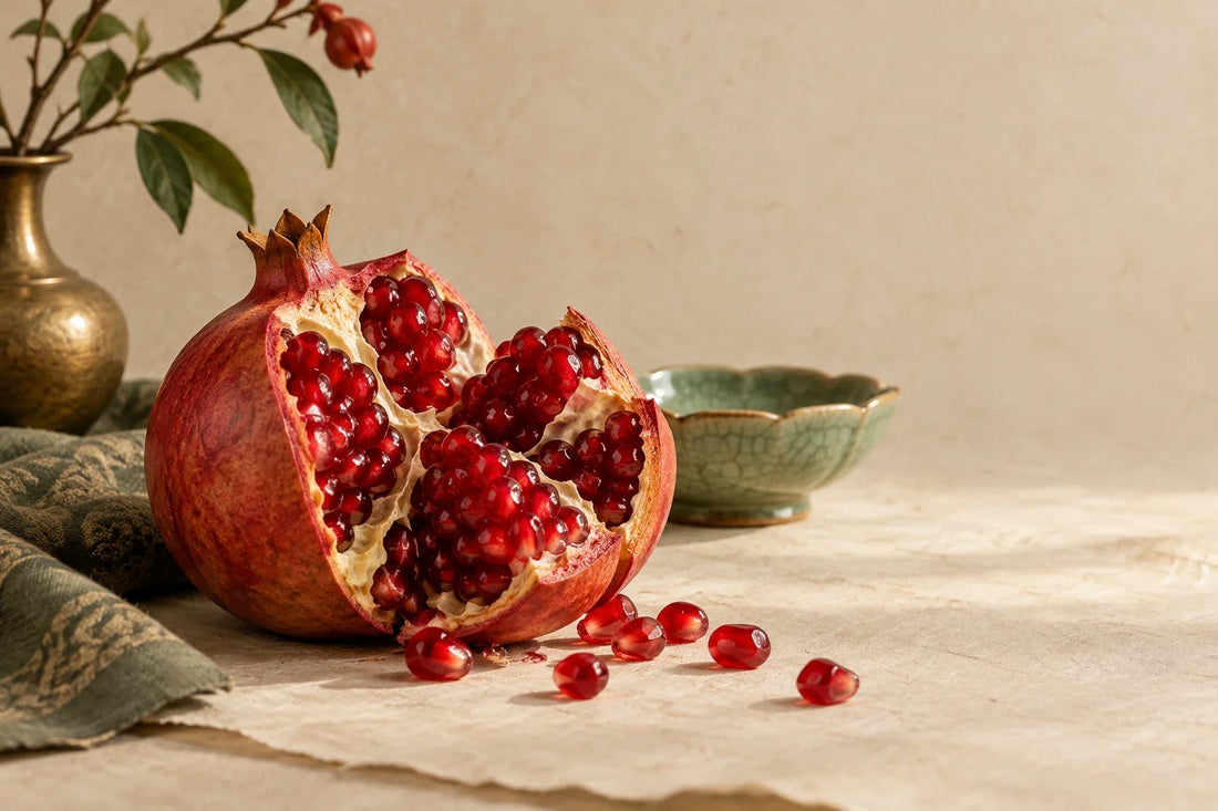 Opened pomegranate with ruby seeds beside a celadon dish on ivory paper
