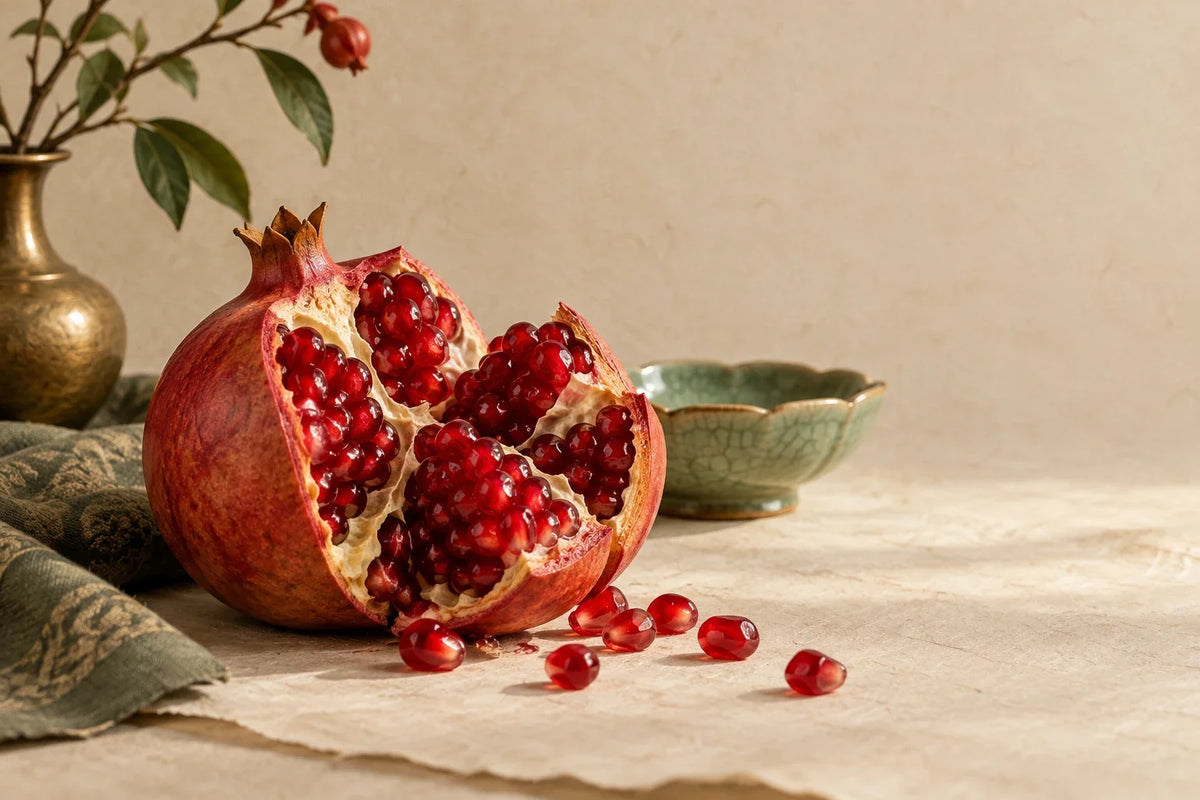 Opened pomegranate with ruby seeds beside a celadon dish on ivory paper