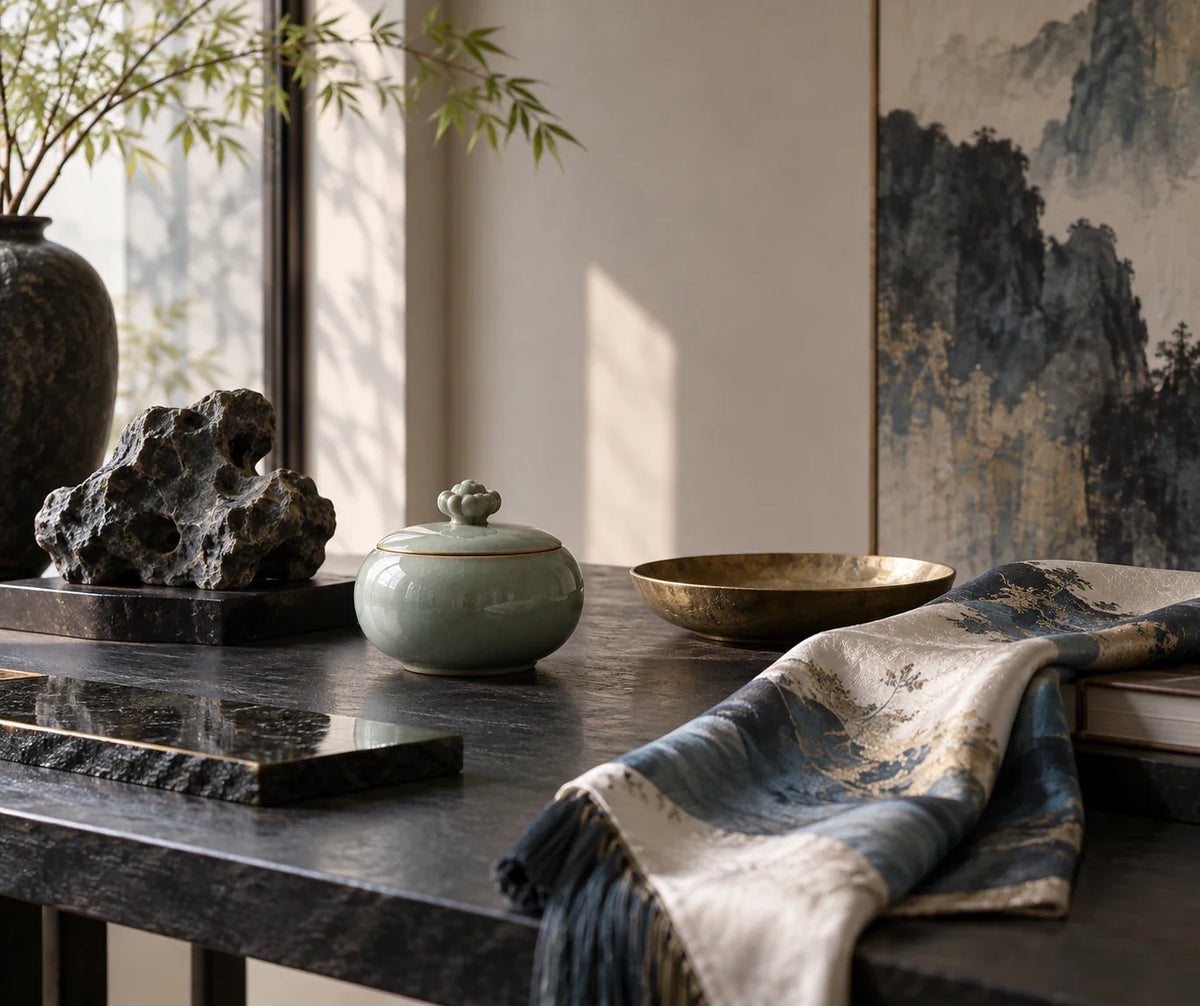 Eastern Aura editorial scene about collectible gifts and living heritage and modern artful living