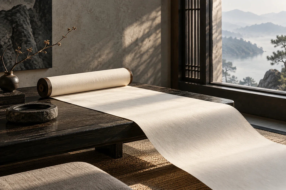 Blank handscroll extending across a dark table beside a window
