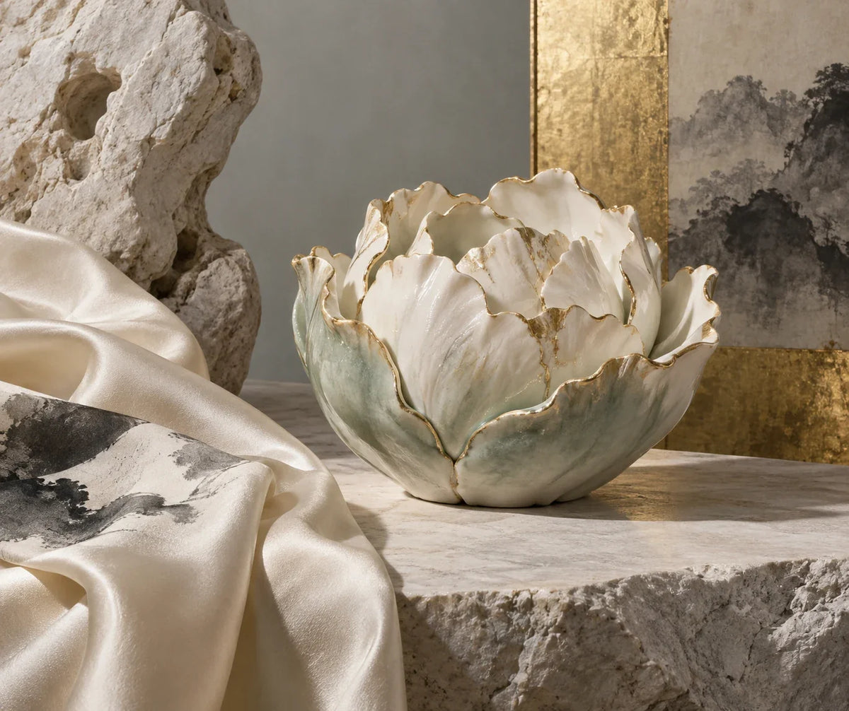 Eastern Aura editorial scene about gifts for collectors and the peony as a contemporary design motif