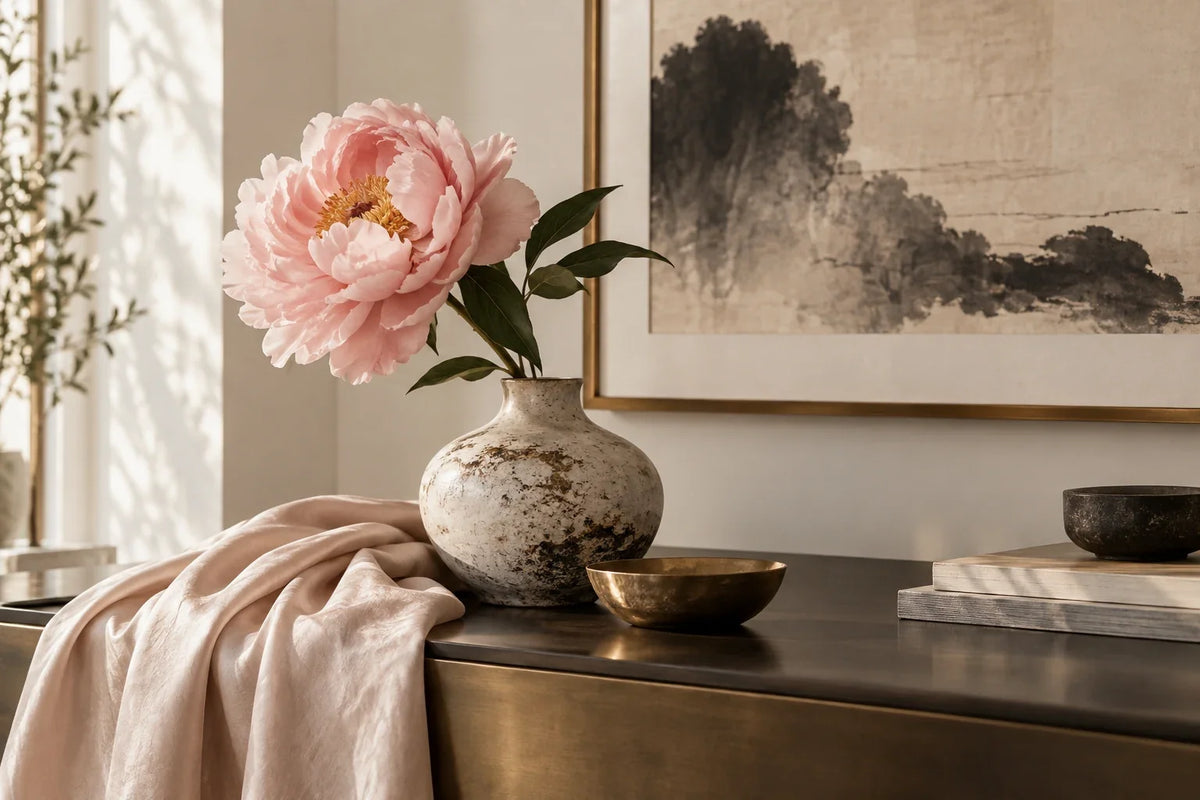 Eastern Aura editorial scene about gifts for collectors and the peony as a contemporary design motif