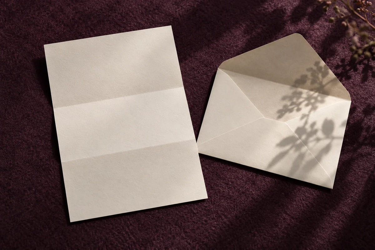 Blank folded paper and an open envelope under a botanical shadow.