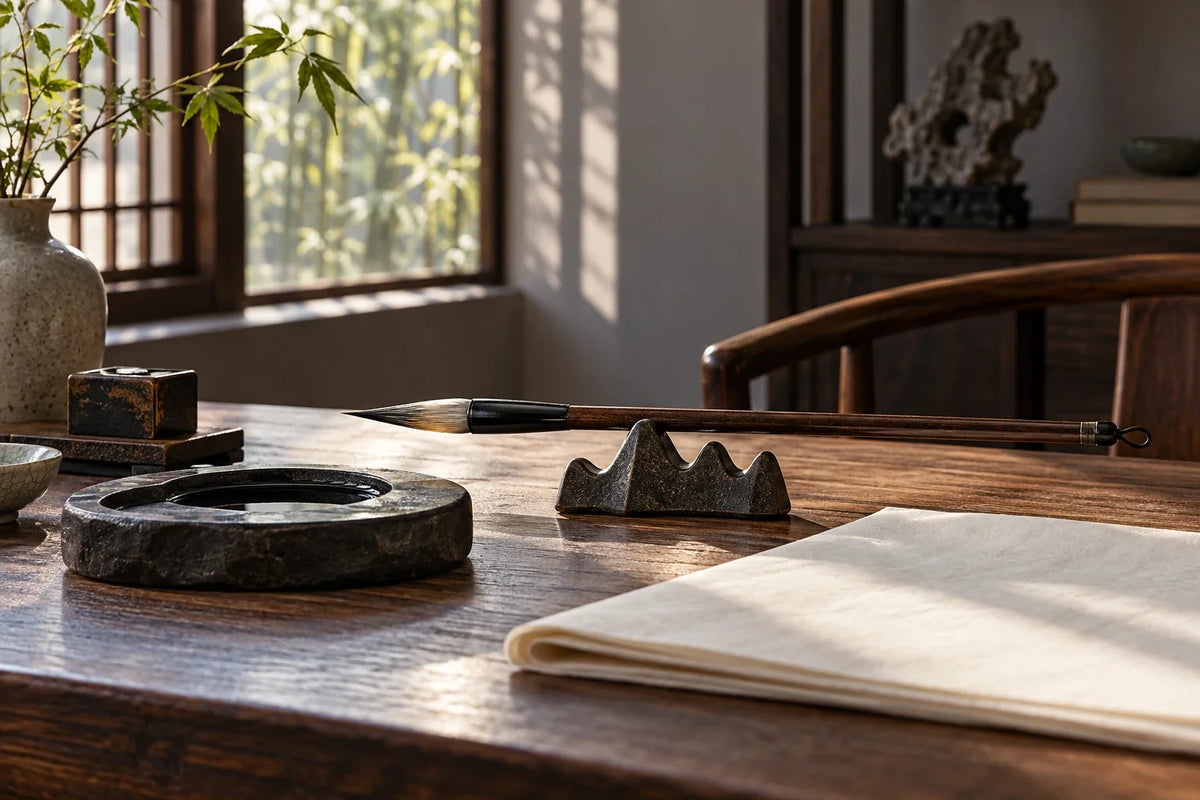 Chinese brush resting over an inkstone and blank paper on a sunlit wood desk
