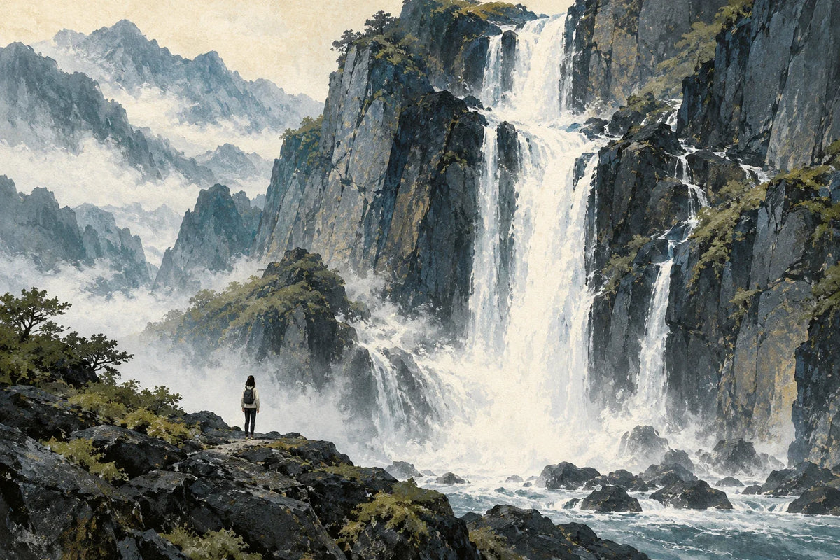 Original illustrated waterfall with a distant contemporary observer