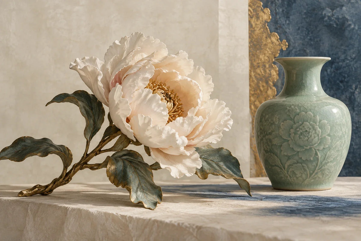 Eastern Aura editorial scene about gifts for collectors and the peony as a contemporary design motif