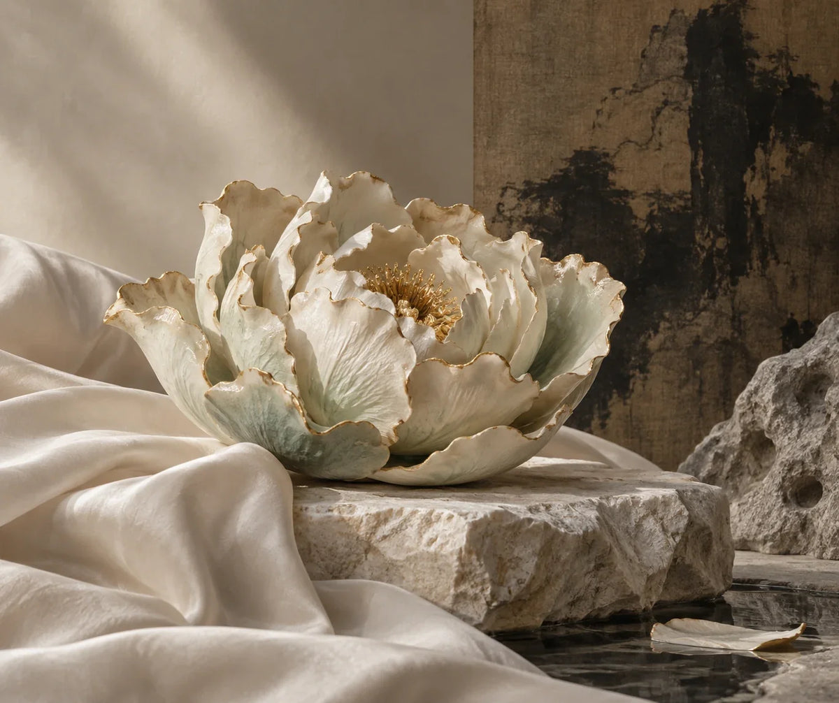 Eastern Aura editorial scene about gifts for collectors and the peony as a contemporary design motif