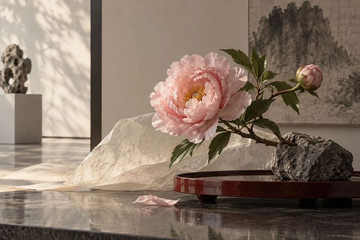 Eastern Aura editorial scene about gifts for collectors and the peony as a contemporary design motif
