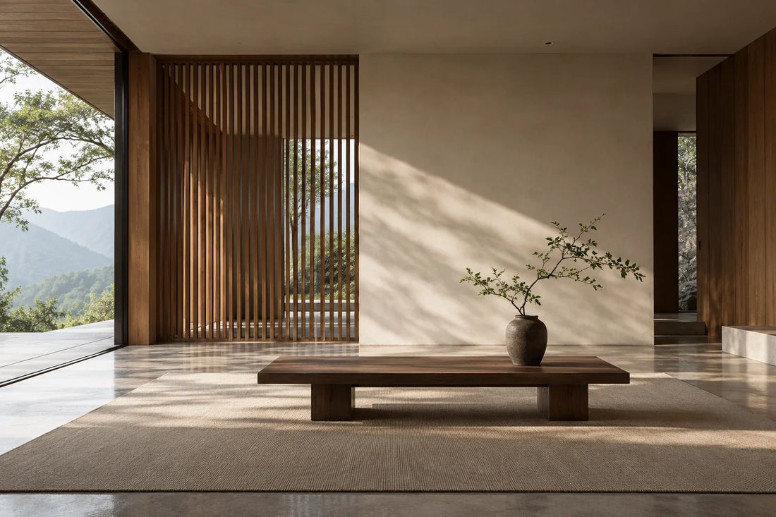 Quiet contemporary Chinese interior with a timber screen low table and one branch