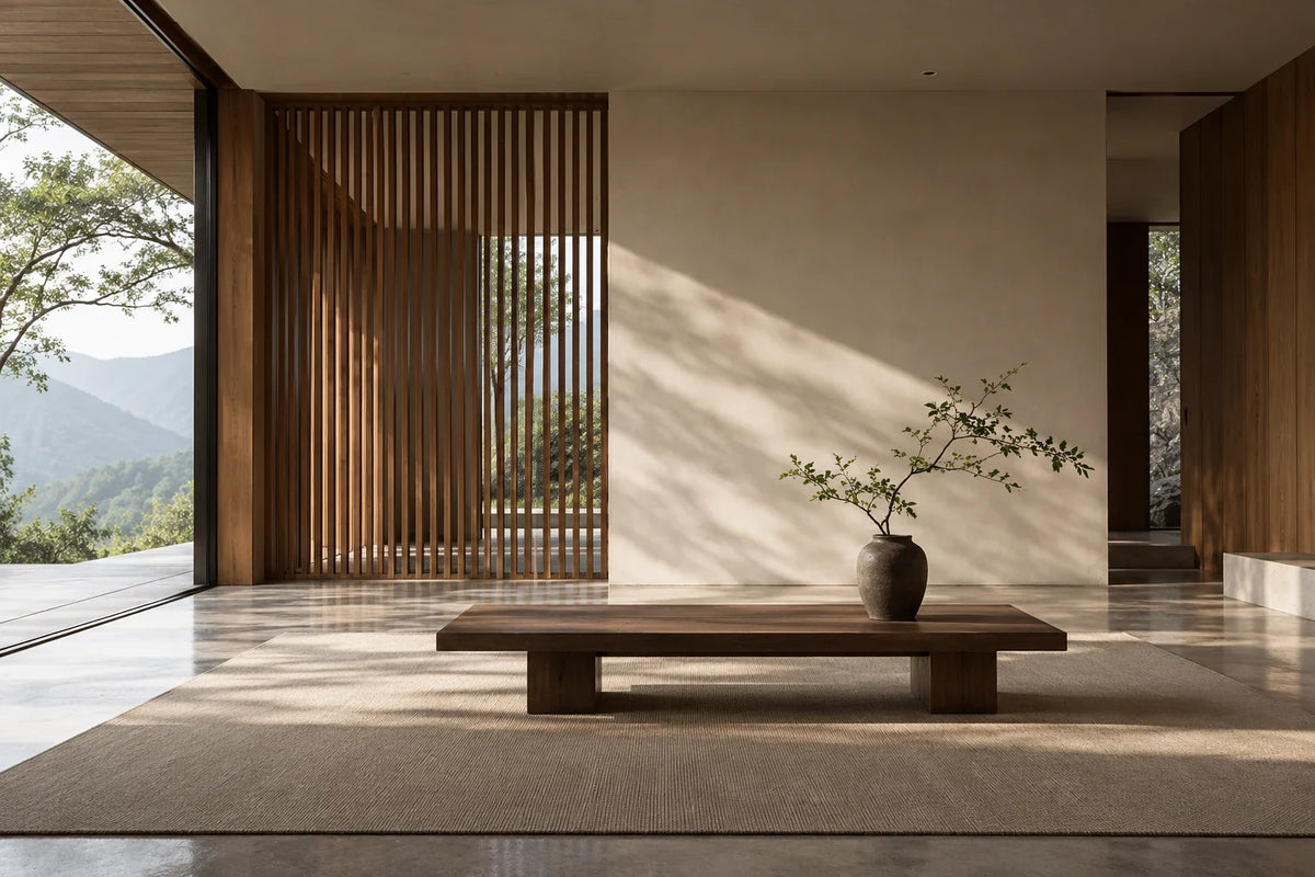 Quiet contemporary Chinese interior with a timber screen low table and one branch