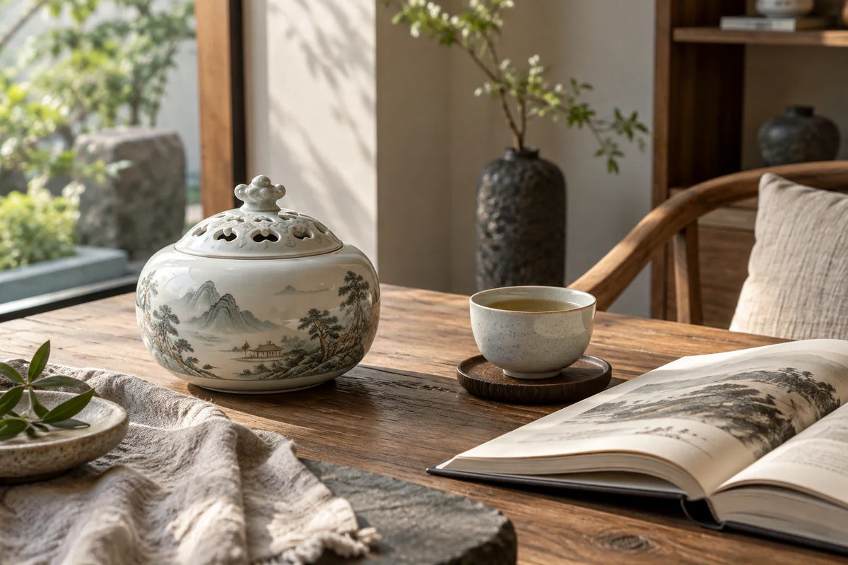 Eastern Aura editorial scene about Chinese collection and artful living and daily ritual