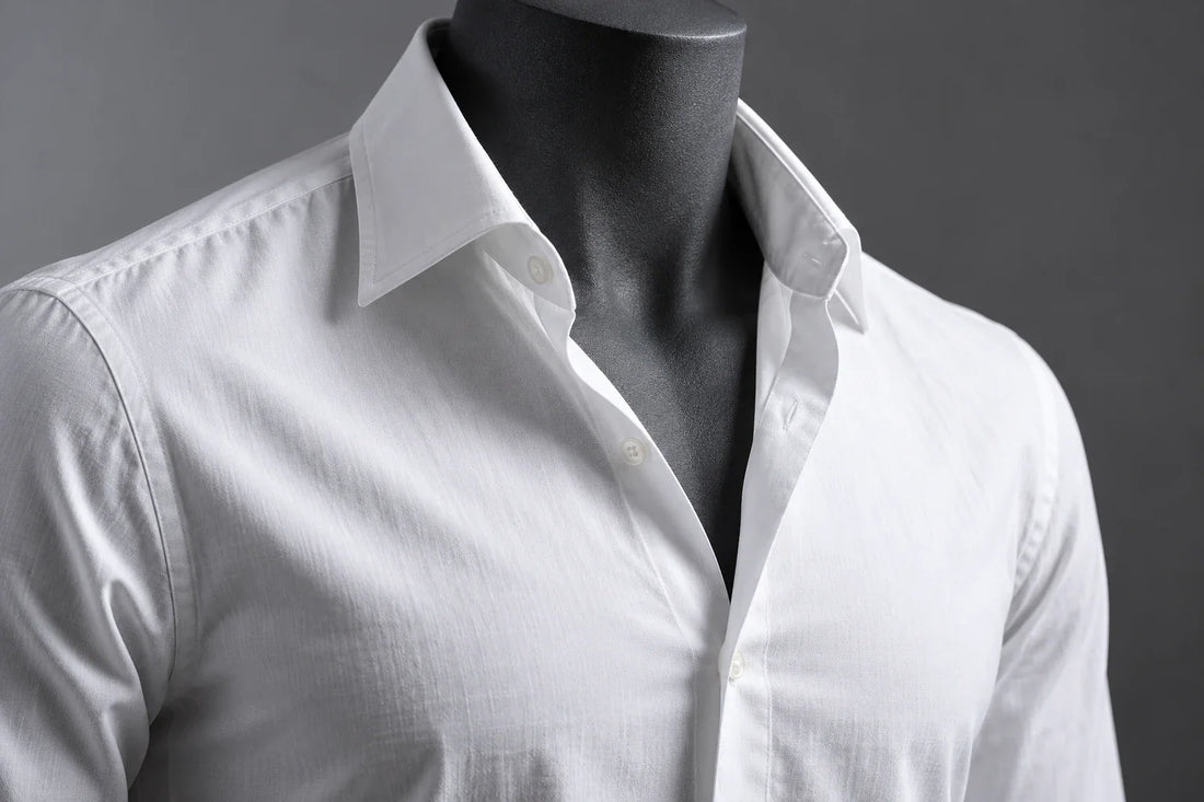White open-collar shirt on a dark mannequin against charcoal grey
