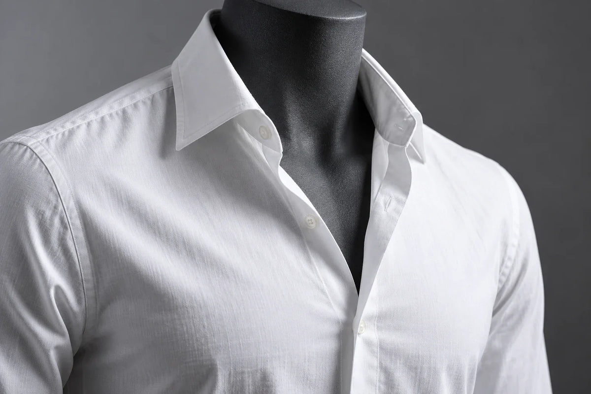 White open-collar shirt on a dark mannequin against charcoal grey