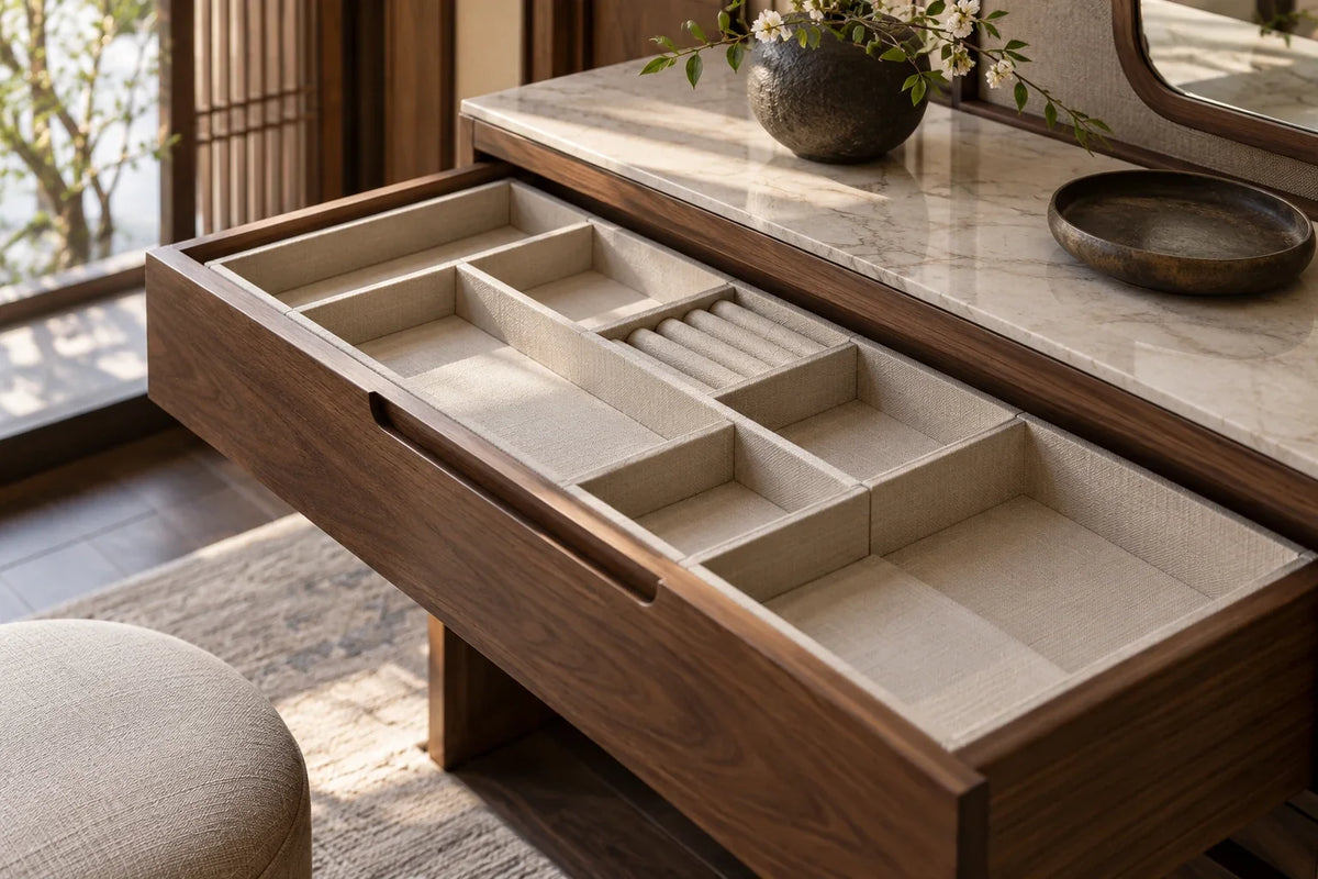 Open dressing drawer with separate shallow compartments