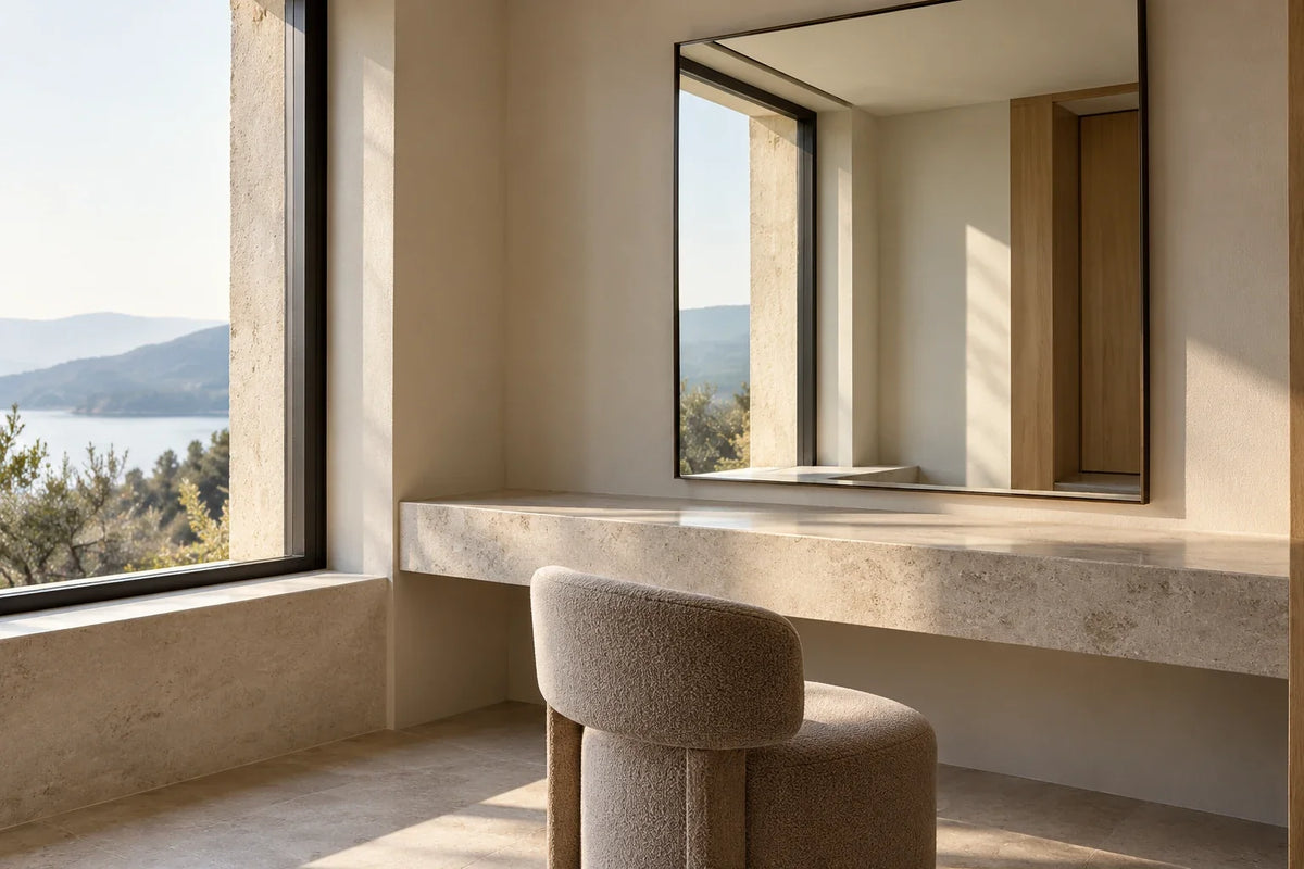 Window light reaches an empty dressing ledge and fixed wall mirror.
