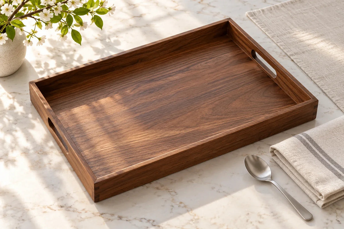Empty walnut tray beside linen and a plain spoon