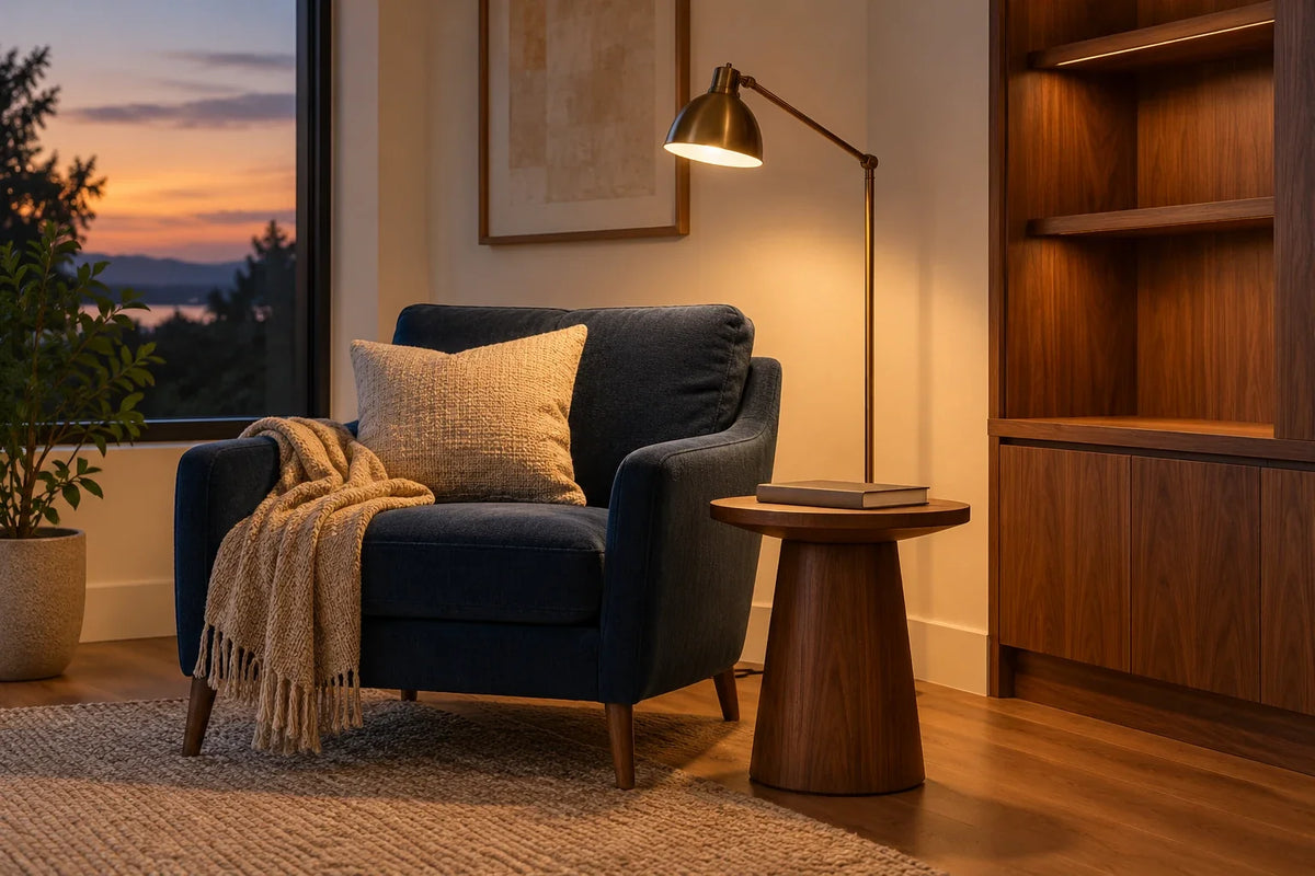 Contemporary reading chair with lamp and empty shelf