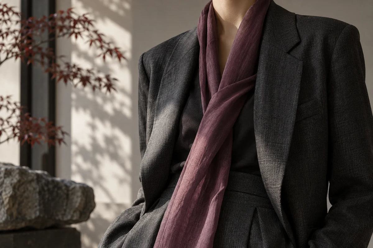 Charcoal tailoring with a loosely placed narrow plum textile accent
