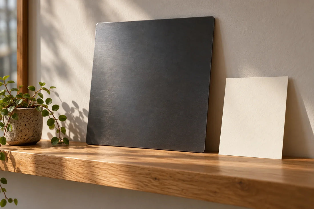 Empty dark metal board resting on an oak shelf beside pale paper