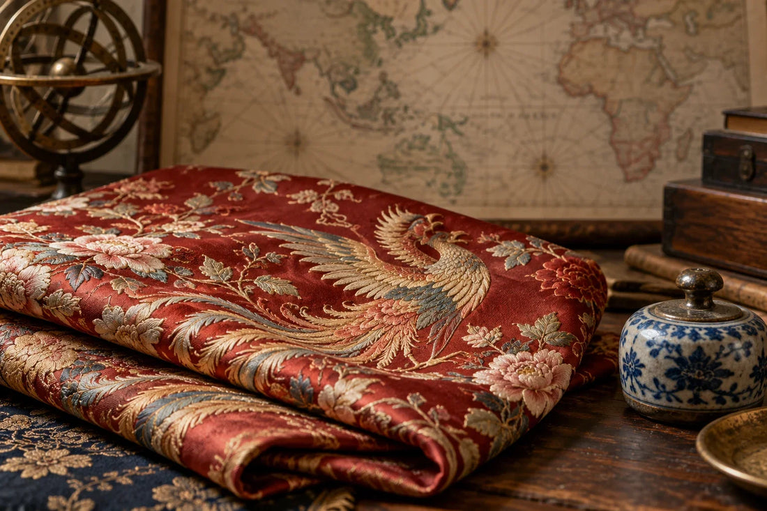 Folded embroidered Chinese textile beside a blurred historical navigation chart