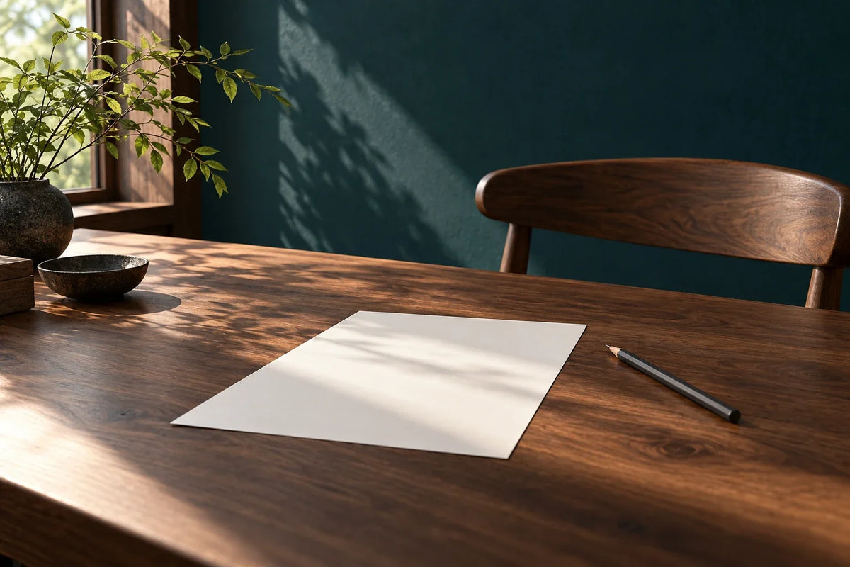 Blank loose paper and a pencil occupy a clear writing desk.