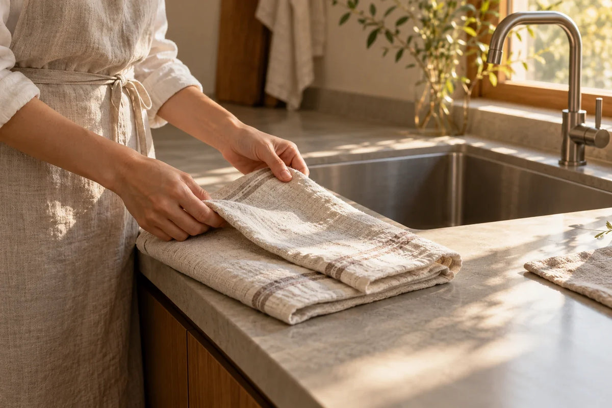 Hands folding a linen cloth beside an empty sink