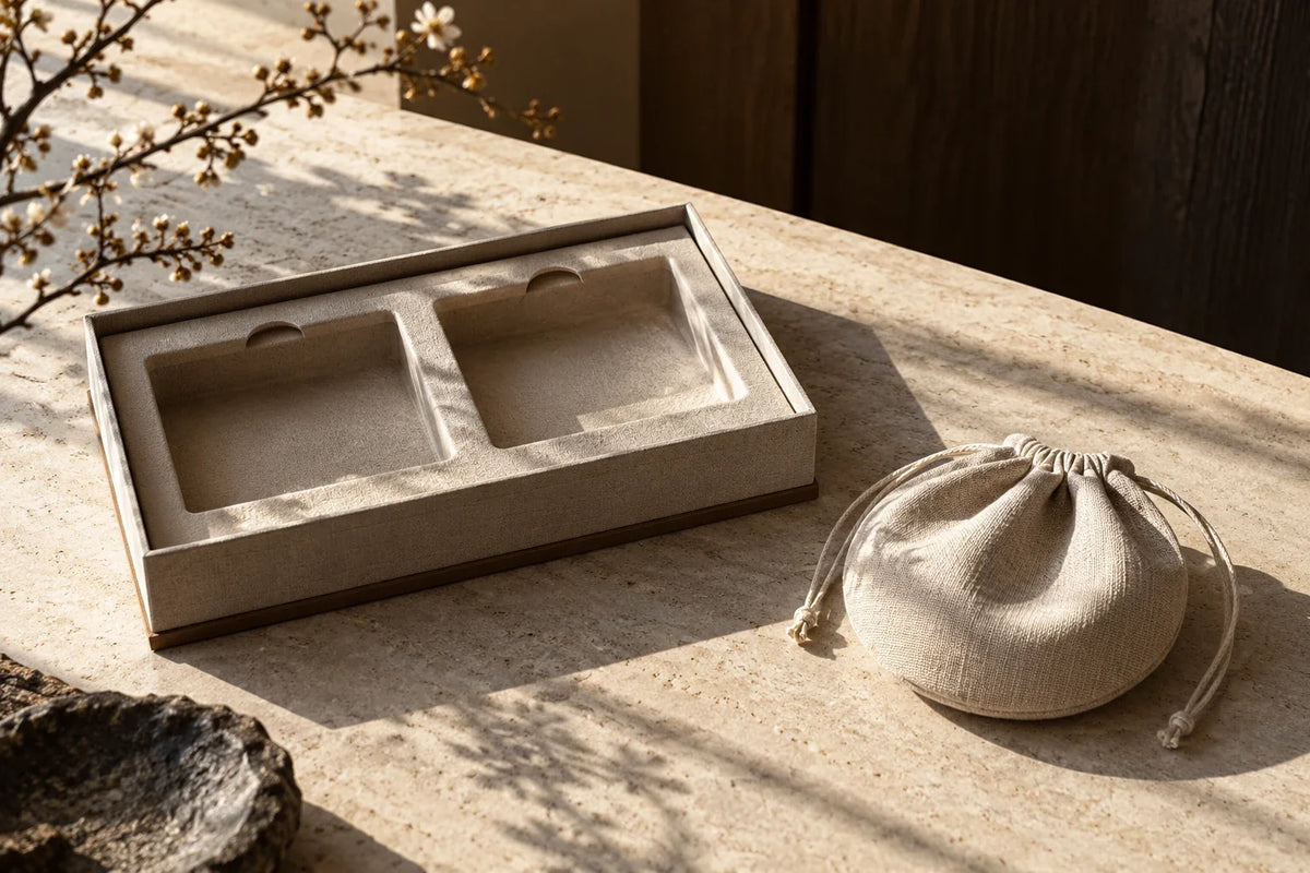Empty paired presentation compartments beside one loose linen pouch