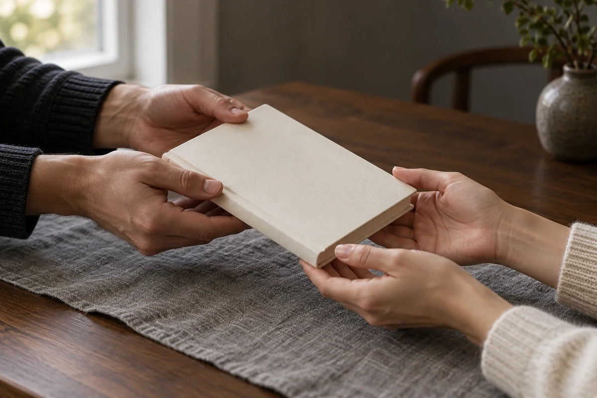 Two pairs of hands exchanging a plain closed notebook over walnut
