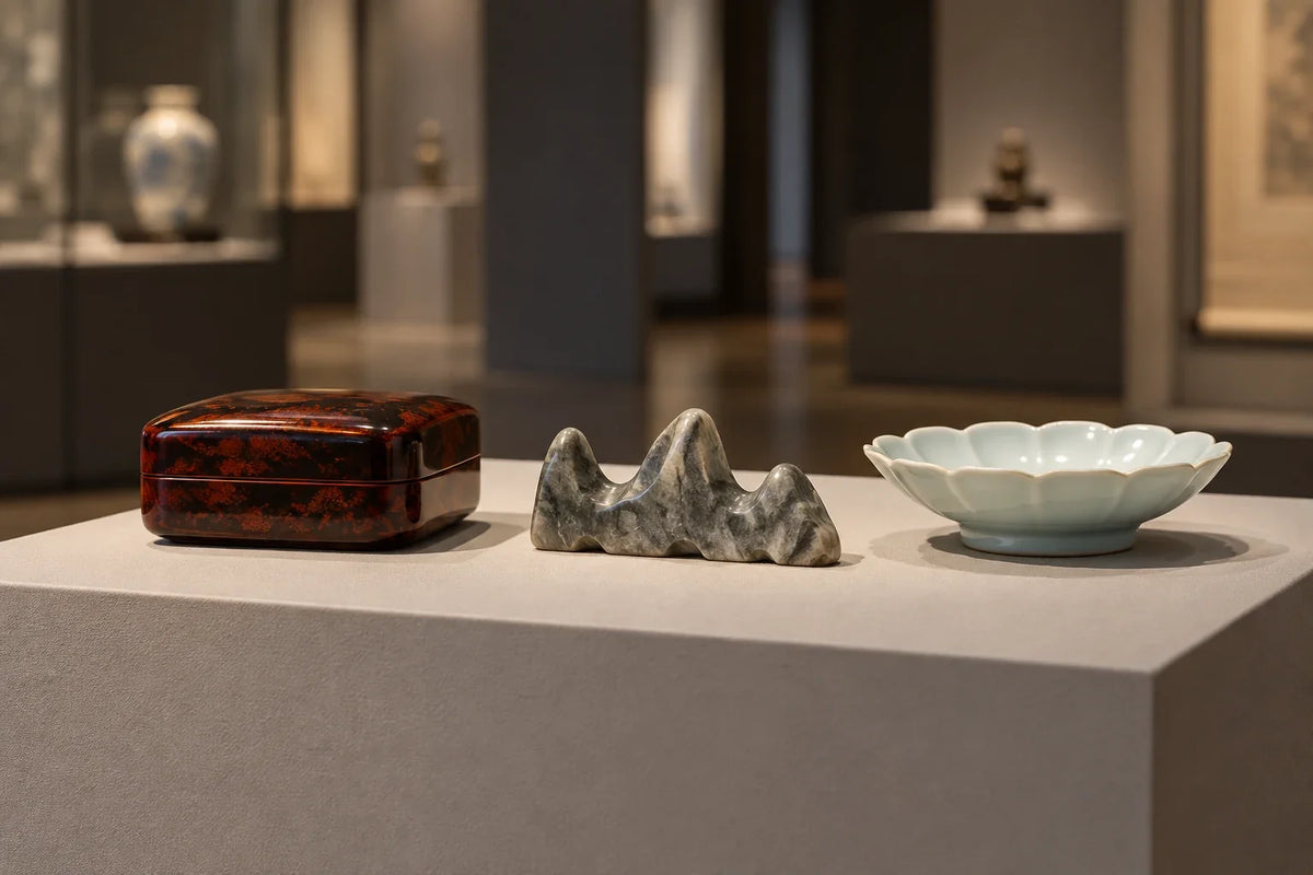 Lacquer box stone brush rest and porcelain dish arranged in a quiet gallery