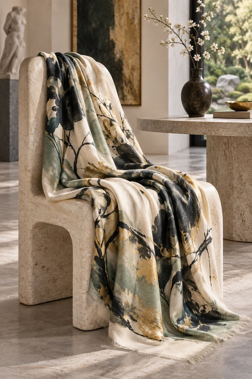 Eastern Aura editorial scene about luxury shawl and drape, palette and verified styling details