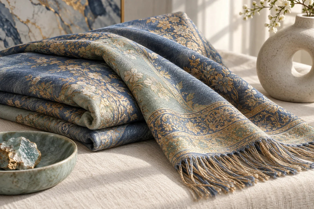 Eastern Aura editorial scene about luxury shawl and drape, palette and verified styling details