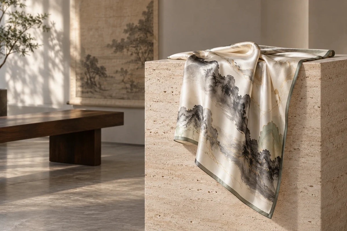 Eastern Aura editorial scene about luxury silk scarf and silk drape, scale and verified styling details