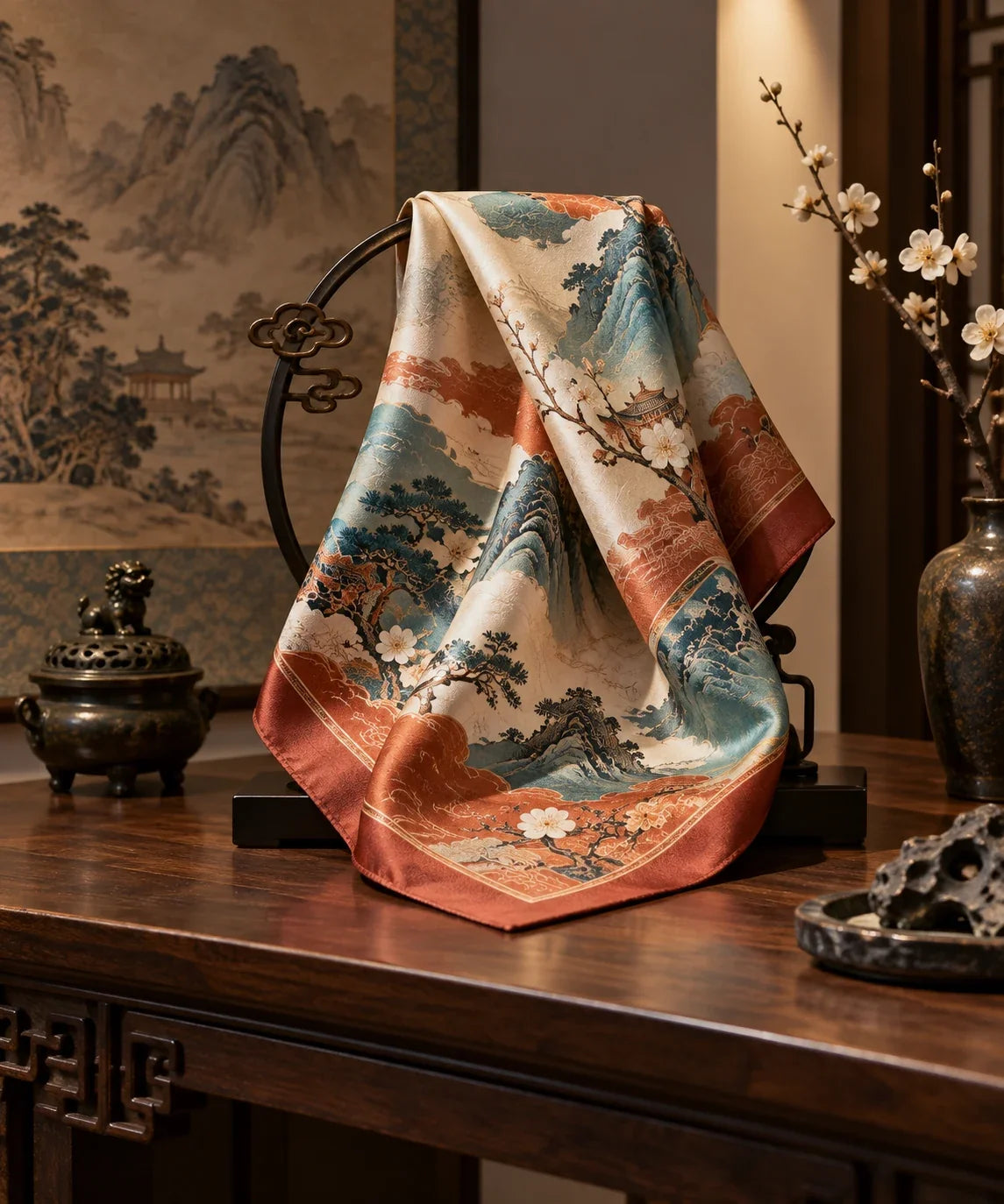 Eastern Aura editorial scene about luxury silk scarf and silk drape, scale and verified styling details