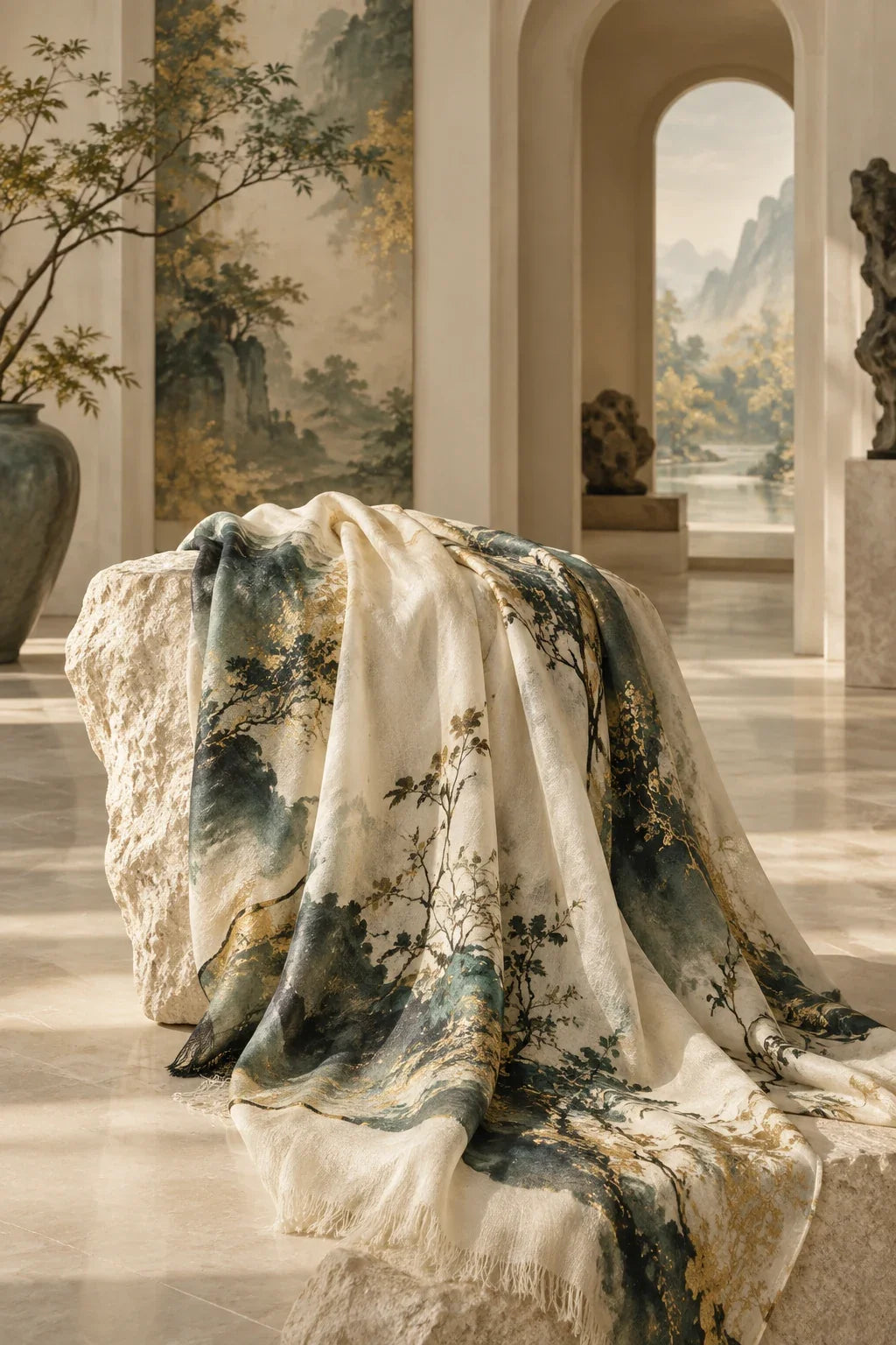 Eastern Aura editorial scene about luxury shawl and drape, palette and verified styling details