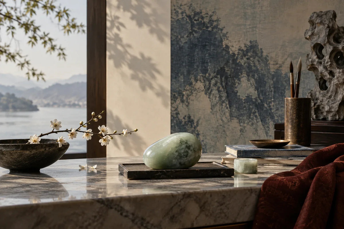 Eastern Aura editorial scene about gifts for collectors and material contrast, daily ritual and considered presentation