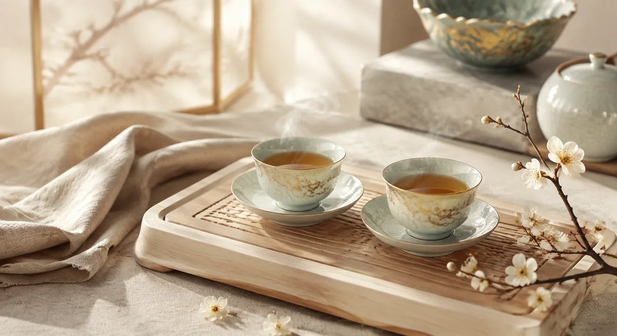 Eastern Aura editorial scene about Chinese gift set and ritual, presentation and recipient fit