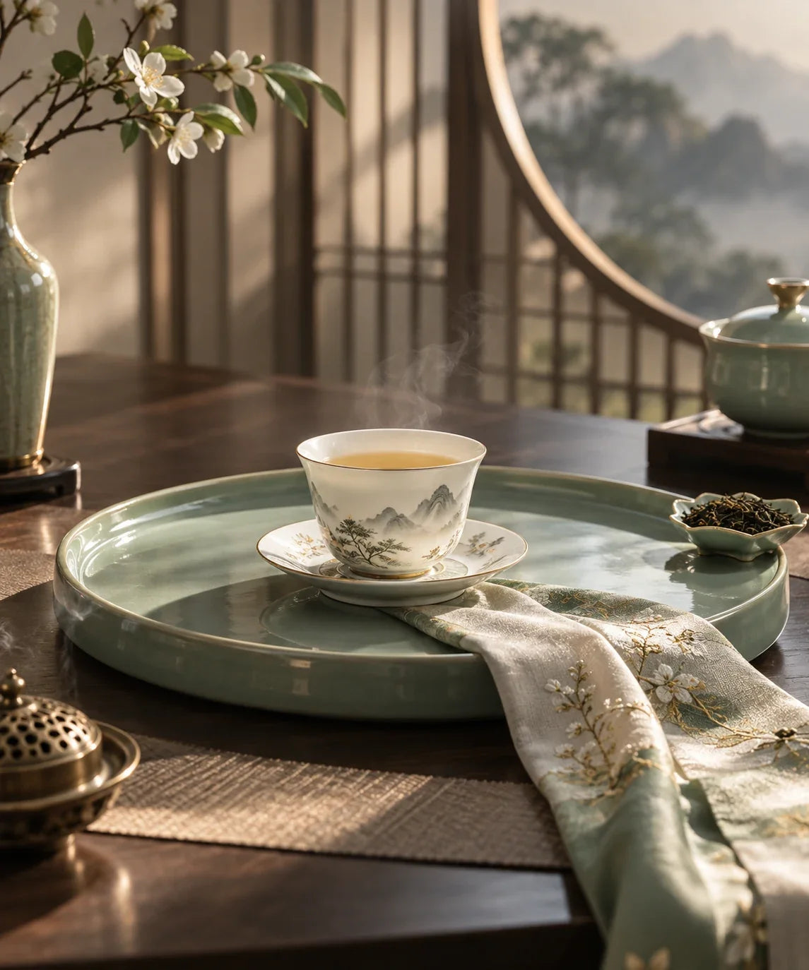 Eastern Aura editorial scene about Chinese gift set and ritual, presentation and recipient fit