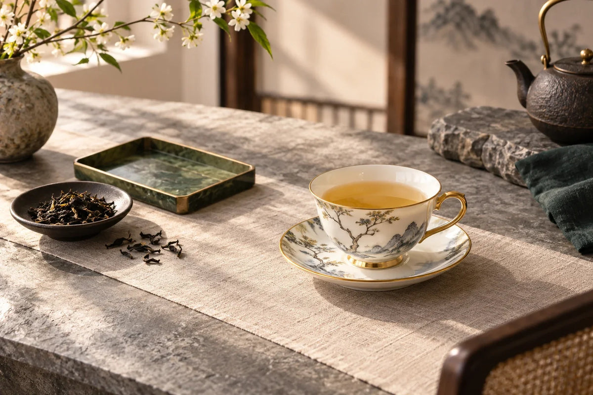 Eastern Aura editorial scene about Chinese gift set and ritual, presentation and recipient fit