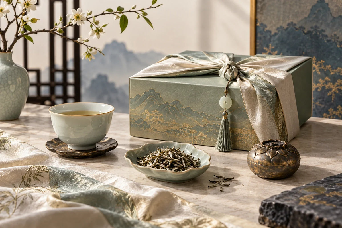 Eastern Aura editorial scene about Chinese gift set and ritual, presentation and recipient fit