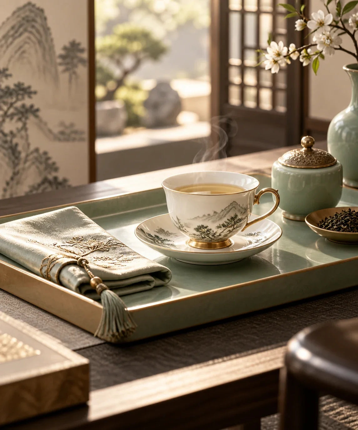 Eastern Aura editorial scene about Chinese gift set and ritual, presentation and recipient fit