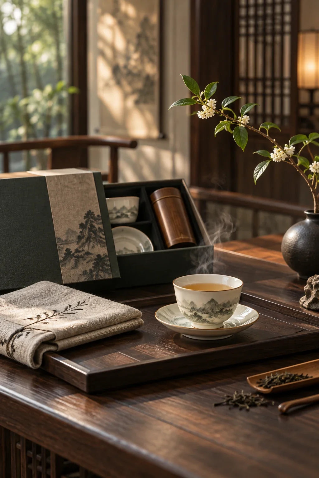 Eastern Aura editorial scene about Chinese gift set and ritual, presentation and recipient fit