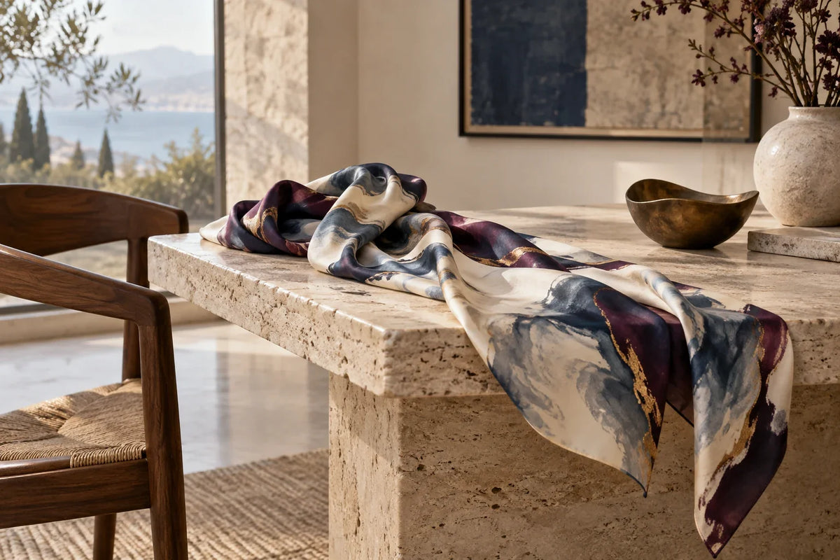 Eastern Aura editorial scene about luxury silk scarf and silk movement, styling range and verified care questions