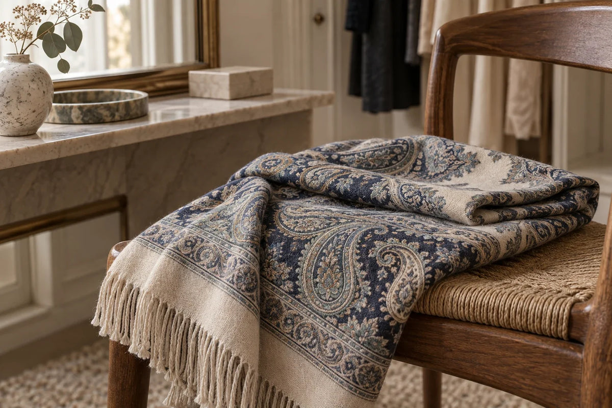 Eastern Aura editorial scene about luxury silk scarf and material blend language, layering and care questions