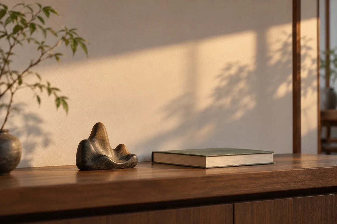 A quiet art object on a table beside an open book with blank pages