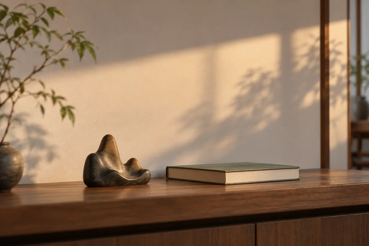 A quiet art object on a table beside an open book with blank pages