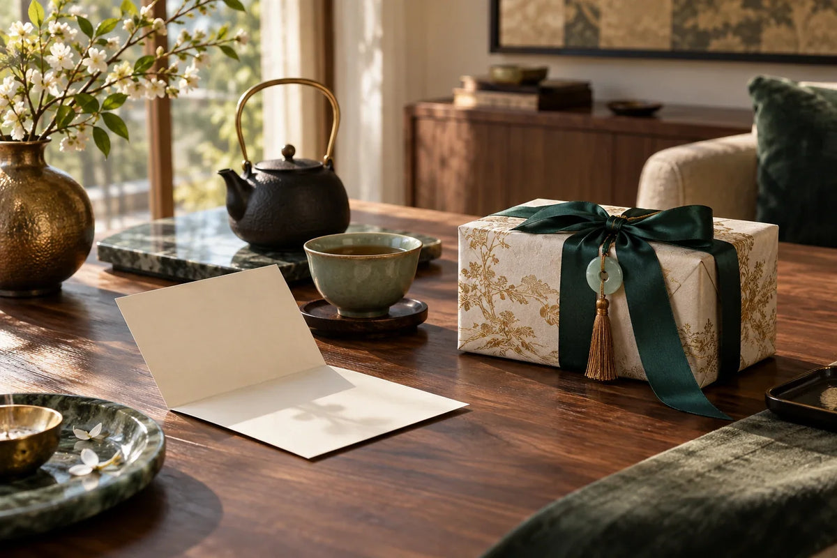 Eastern Aura editorial scene about Chinese gift set and context, curiosity and personal meaning in gifting