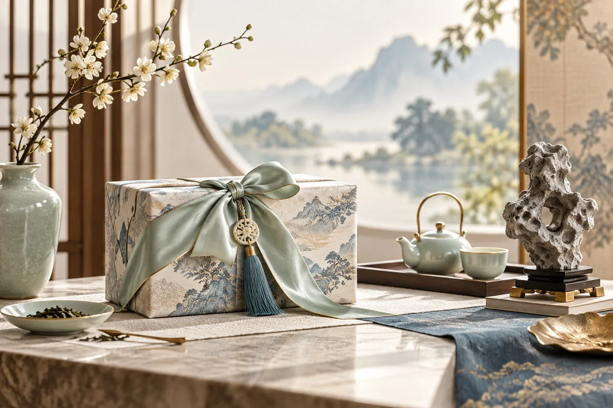 Eastern Aura editorial scene about Chinese gift set and context, curiosity and personal meaning in gifting