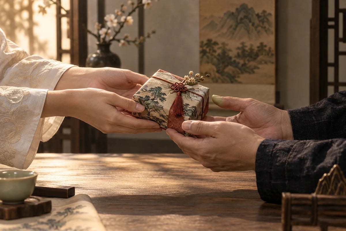 Eastern Aura editorial scene about Chinese gift set and context, curiosity and personal meaning in gifting